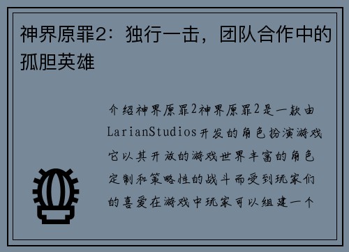 神界原罪2：独行一击，团队合作中的孤胆英雄